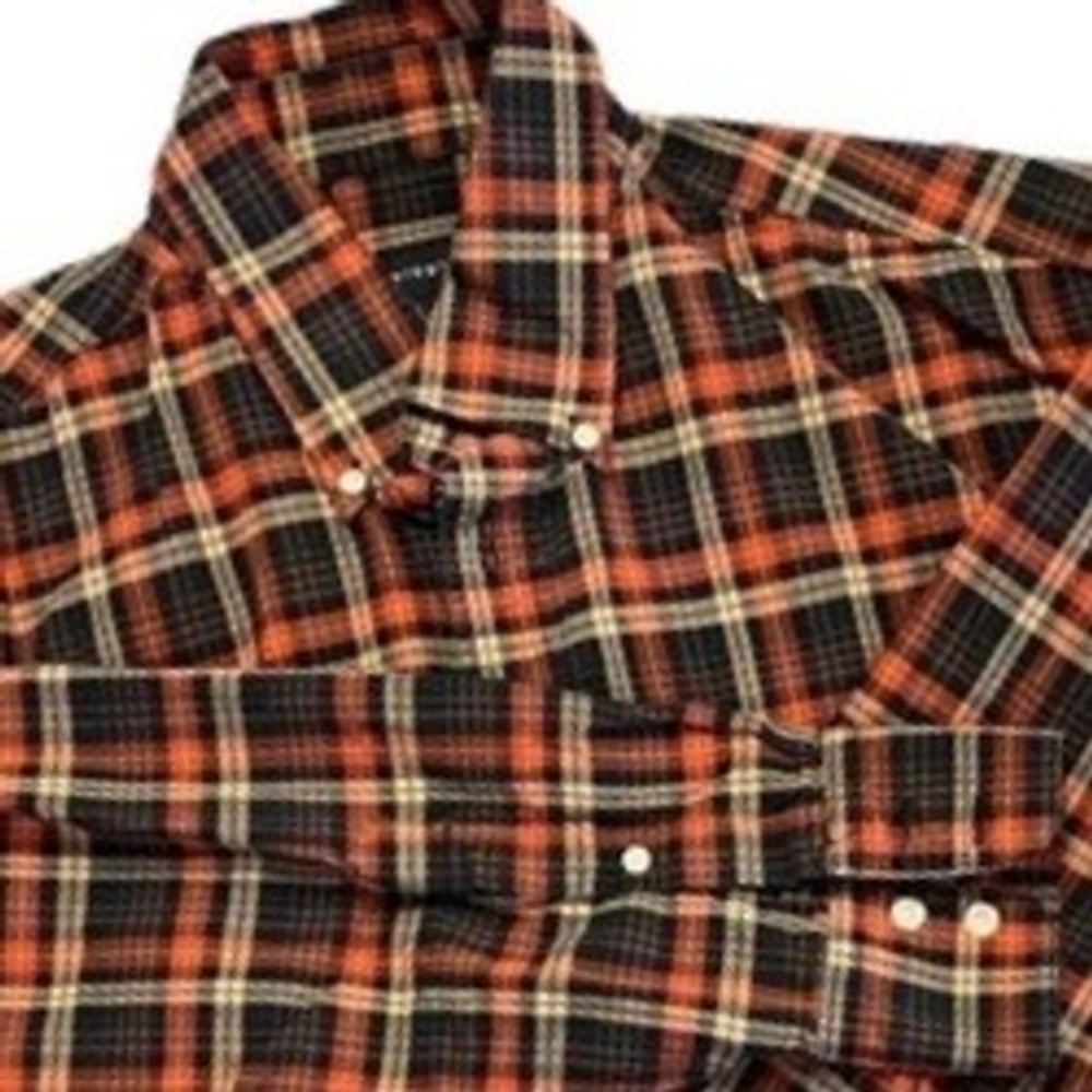 Siegfried & Company Mens Large Plaid Button Down Shirt Orange Navy Blue Cotton